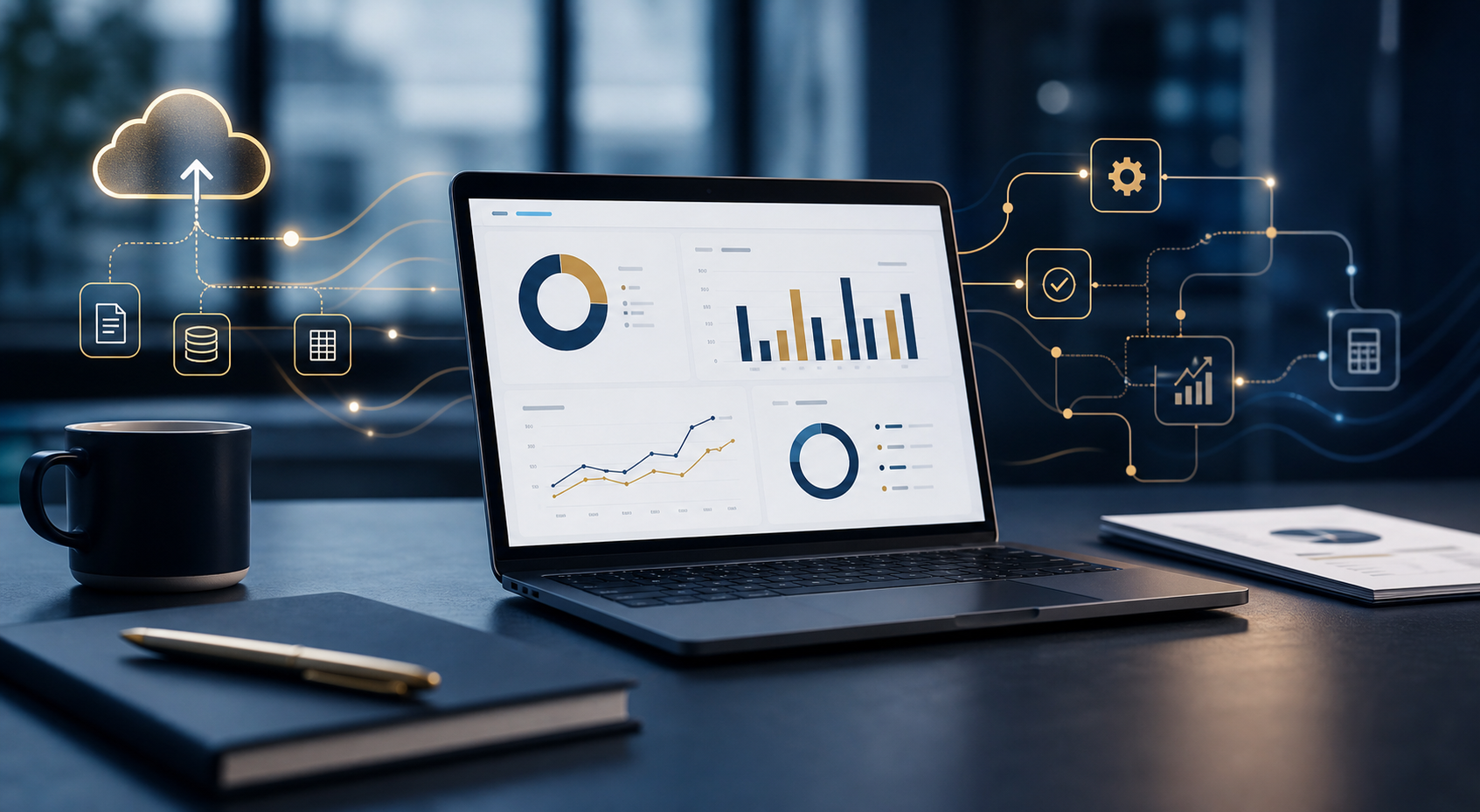 Finance dashboard connected to cloud accounting and automated workflows
